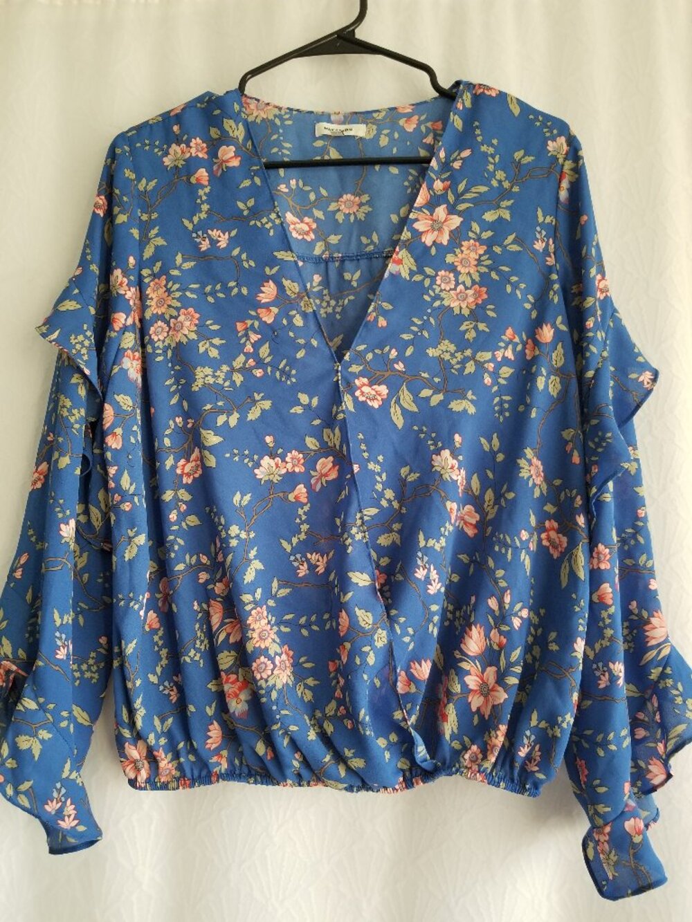 Max Studio Blue Floral Faux Wrap Ruffle Long Sleeve Boho Flowy Blouse Large